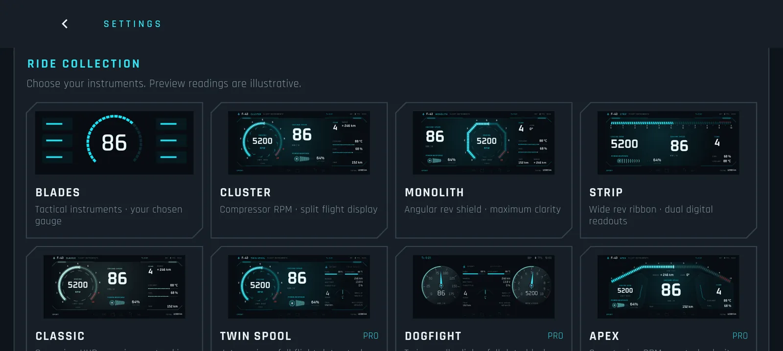 The RIDE collection: BLADES, CLUSTER, MONOLITH, STRIP, CLASSIC, TWIN SPOOL, DOGFIGHT and APEX faces.