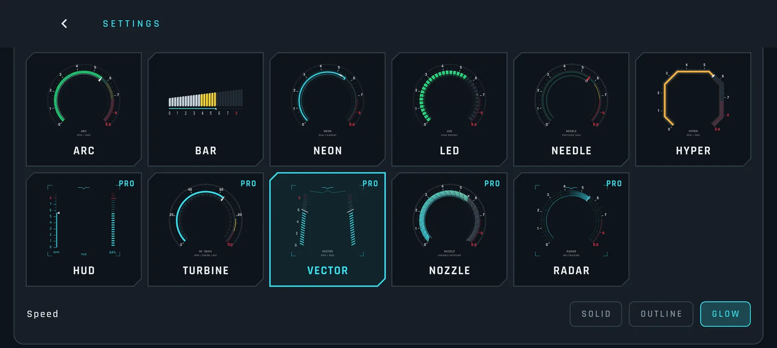 The rev gauge picker with eleven styles, five marked Pro.