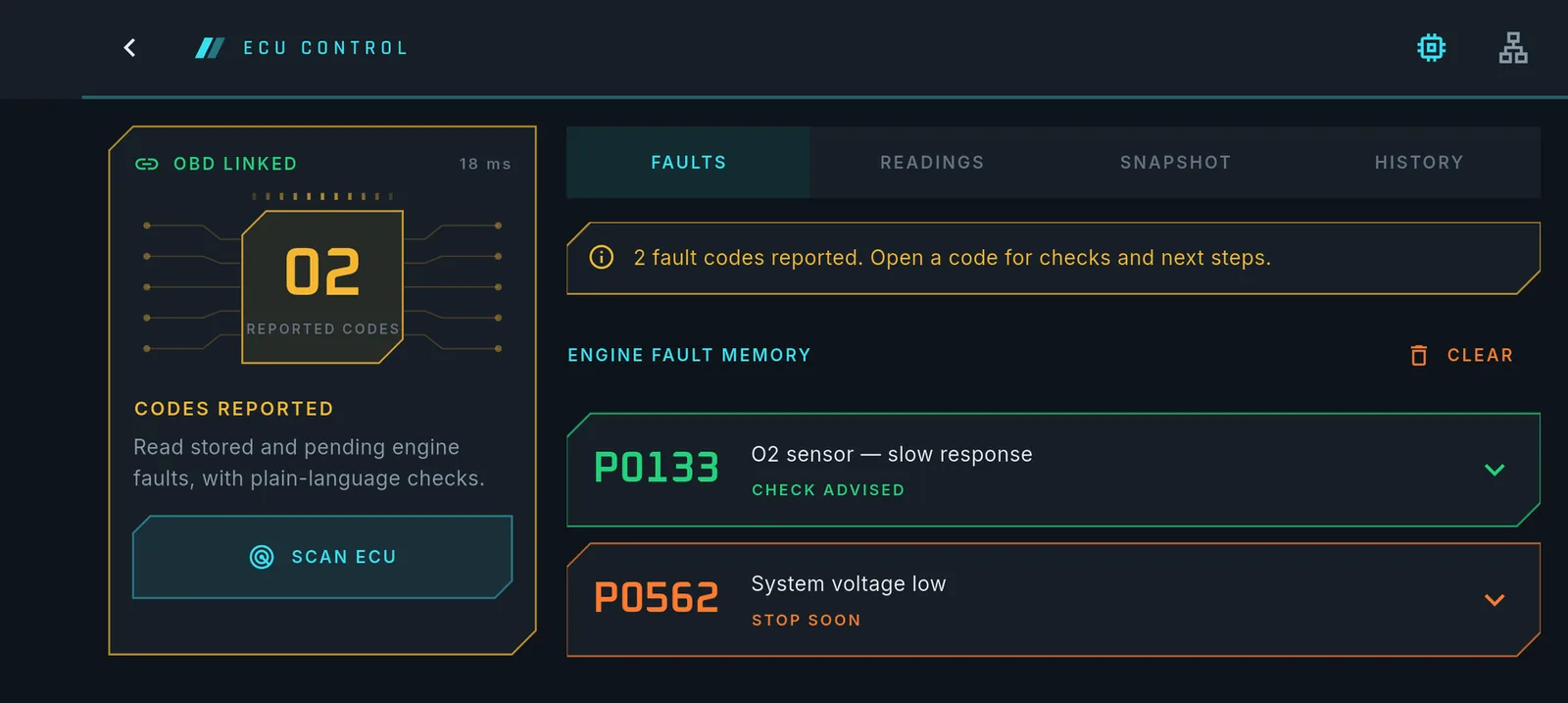 ECU fault list showing two codes in plain language: O2 sensor slow response, and system voltage low.